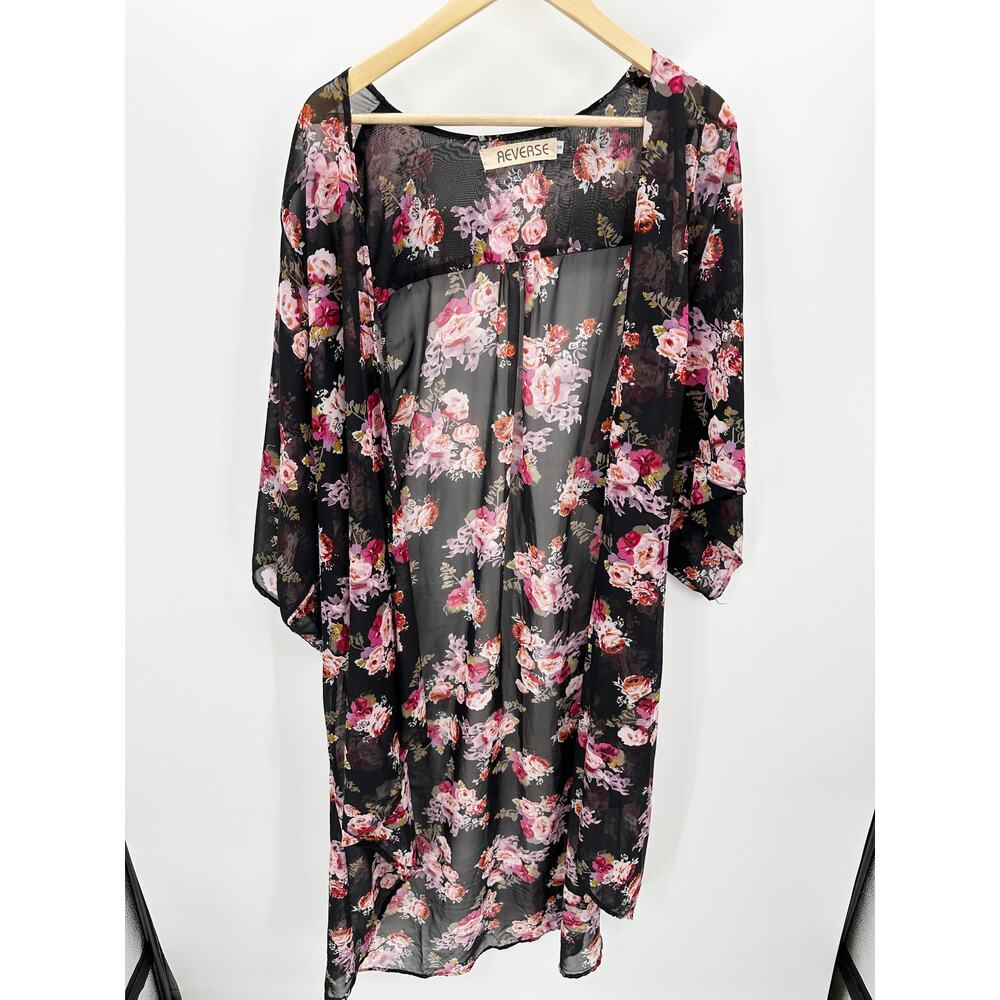 REVERSE Sweater Women SMALL Black Pink Floral Sheer Open Front Duster Kimono